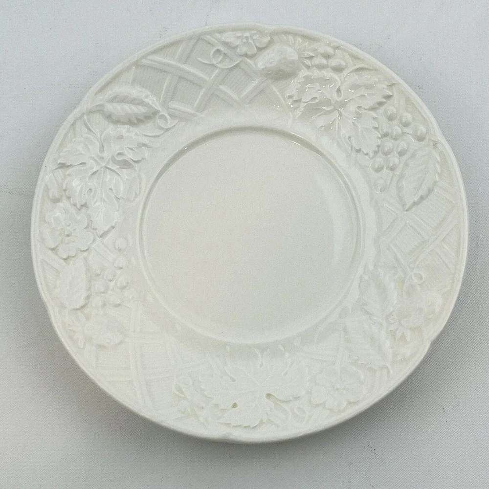 Mikasa English Countryside Flat Cup & Saucer Set White Stoneware Embossed Fruit‎